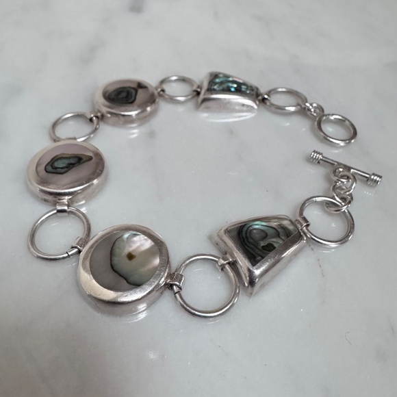 925 Sterling Silver Round & Trapezoid Shape Abalone Chain Link Toggle Bracelet - Picture 5 of 13